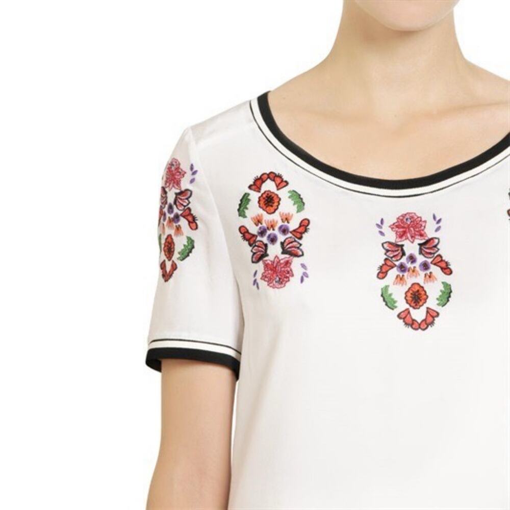 Rebecca Minkoff Size 6 Floral Embroidered Cream Silk Short Sleeve Shift Dress - Picture 2 of 16